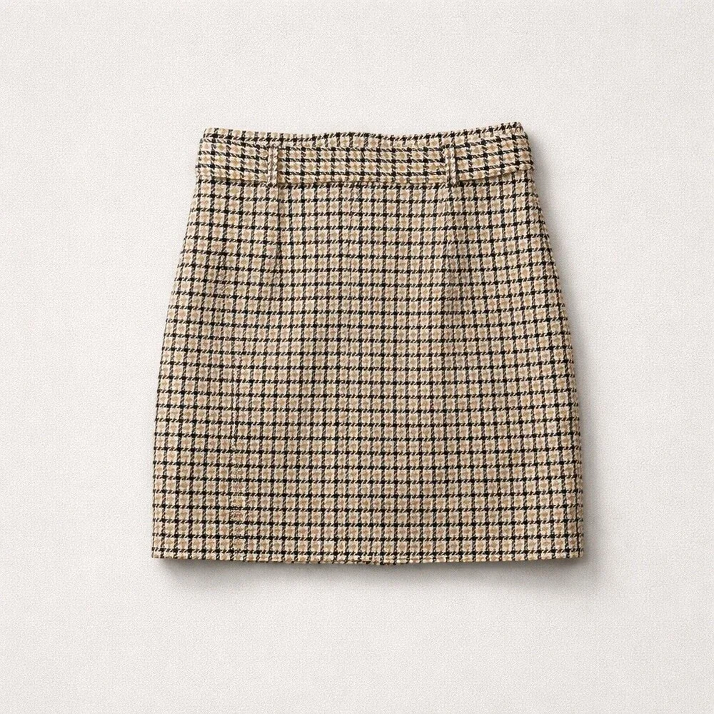 The Kooples Paris tweed Skirt Womens Size 4 Beige Check Mini Tie Belt Button